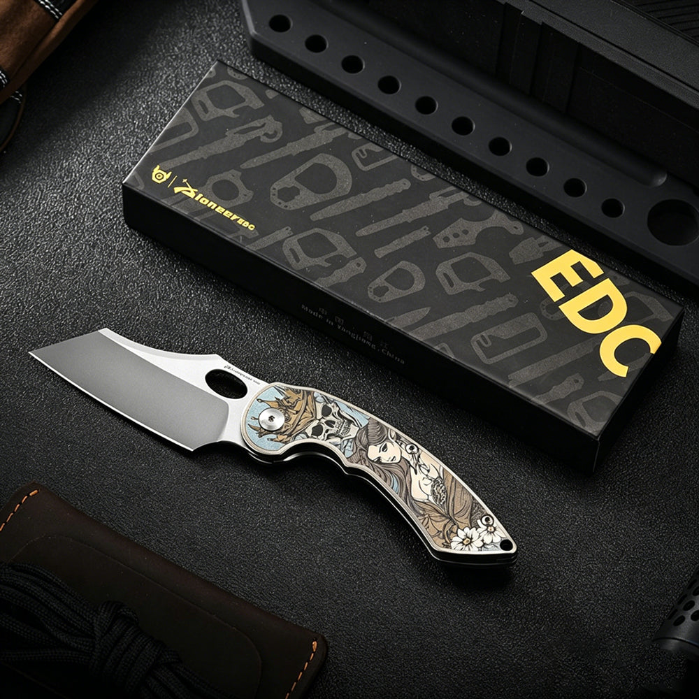 M390 Titanium EDC Folding Knife | TC4 Titanium Handle | Color Engraved | Outdoor Pocket Knife