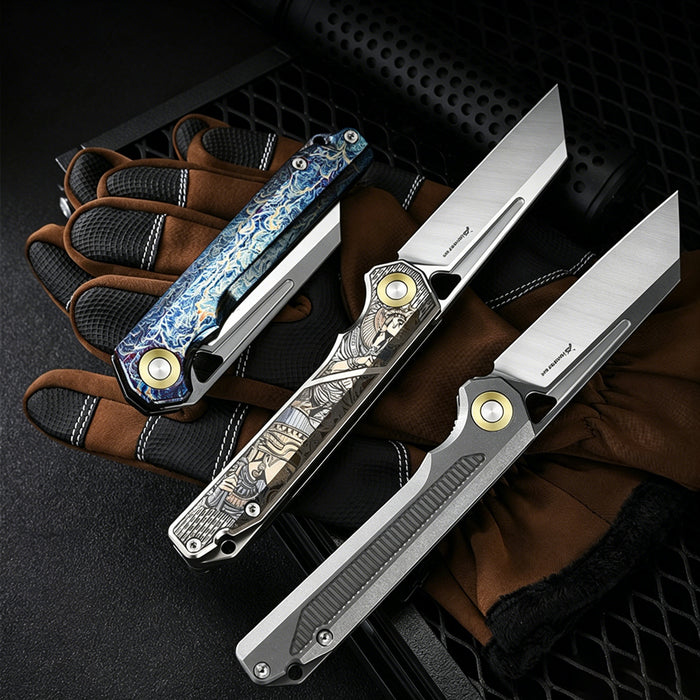 D2 Titanium EDC Folding Knife | Color Engraved & Stonewashed Finish | Outdoor Pocket Knife