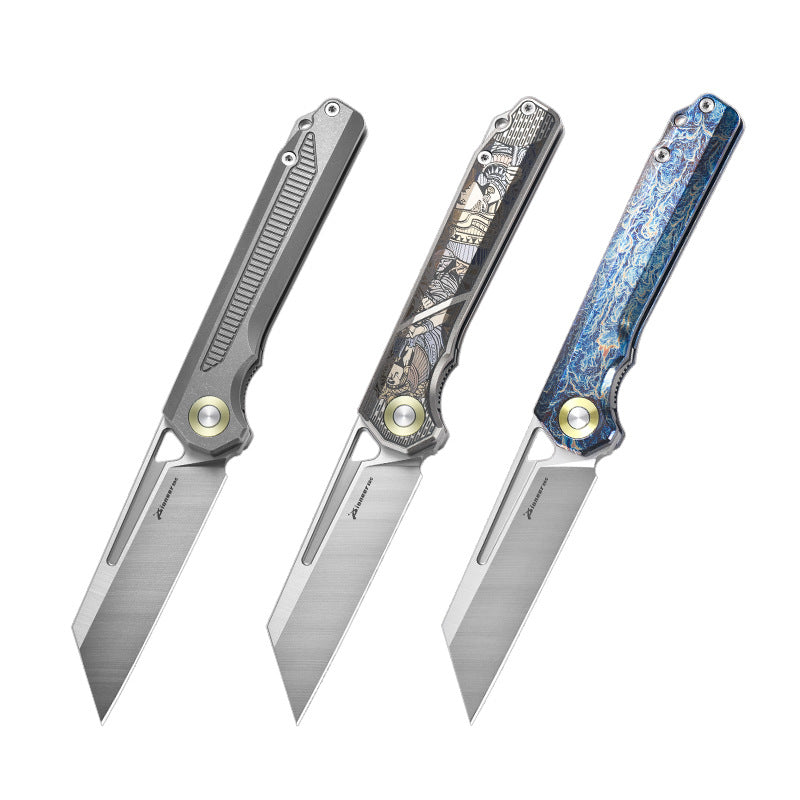 D2 Titanium EDC Folding Knife | Color Engraved & Stonewashed Finish | Outdoor Pocket Knife